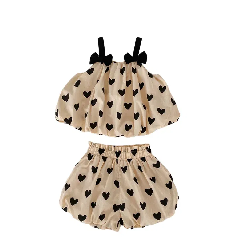 Color: Khaki, Kid Size: 9M - Summer 2PCS Heart Print Cotton Baby Girls Suits Sleeveless Bow Double Layer Apricot Strap Top Toddler Shorts Set, Versatile
