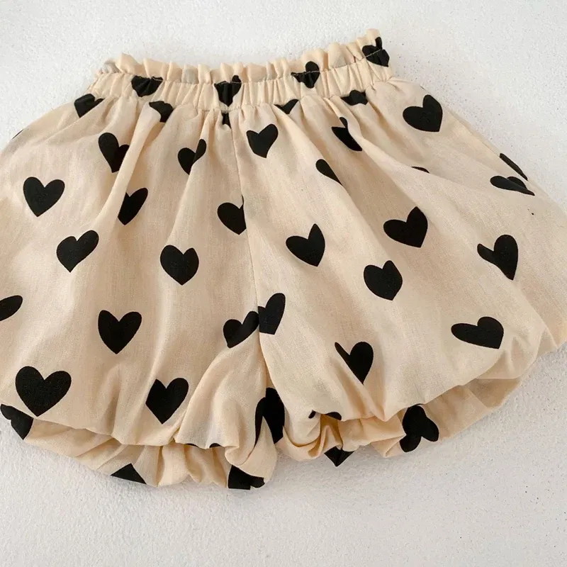 Color: Khaki, Kid Size: 9M - Summer 2PCS Heart Print Cotton Baby Girls Suits Sleeveless Bow Double Layer Apricot Strap Top Toddler Shorts Set, Versatile