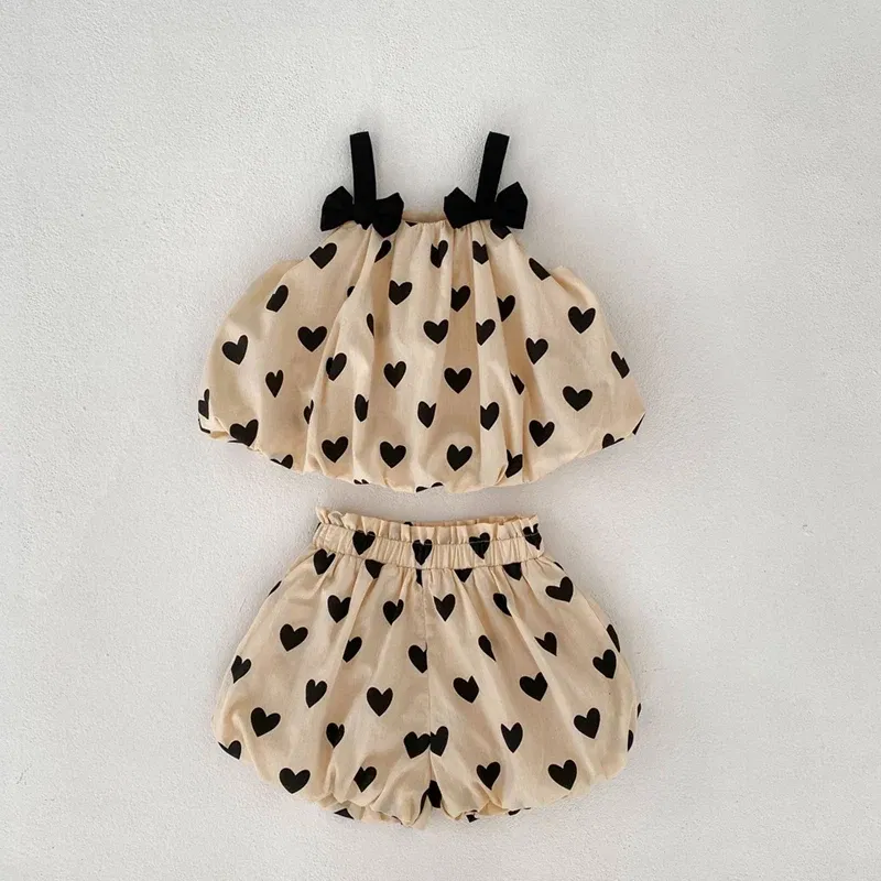 Color: Khaki, Kid Size: 9M - Summer 2PCS Heart Print Cotton Baby Girls Suits Sleeveless Bow Double Layer Apricot Strap Top Toddler Shorts Set, Versatile