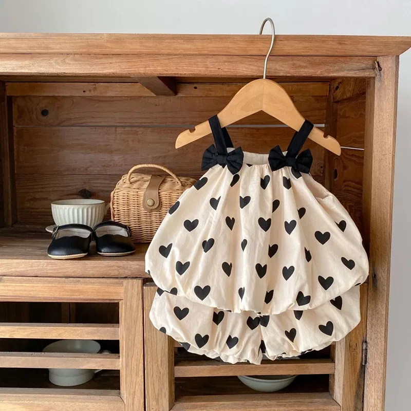 Color: Khaki, Kid Size: 9M - Summer 2PCS Heart Print Cotton Baby Girls Suits Sleeveless Bow Double Layer Apricot Strap Top Toddler Shorts Set, Versatile