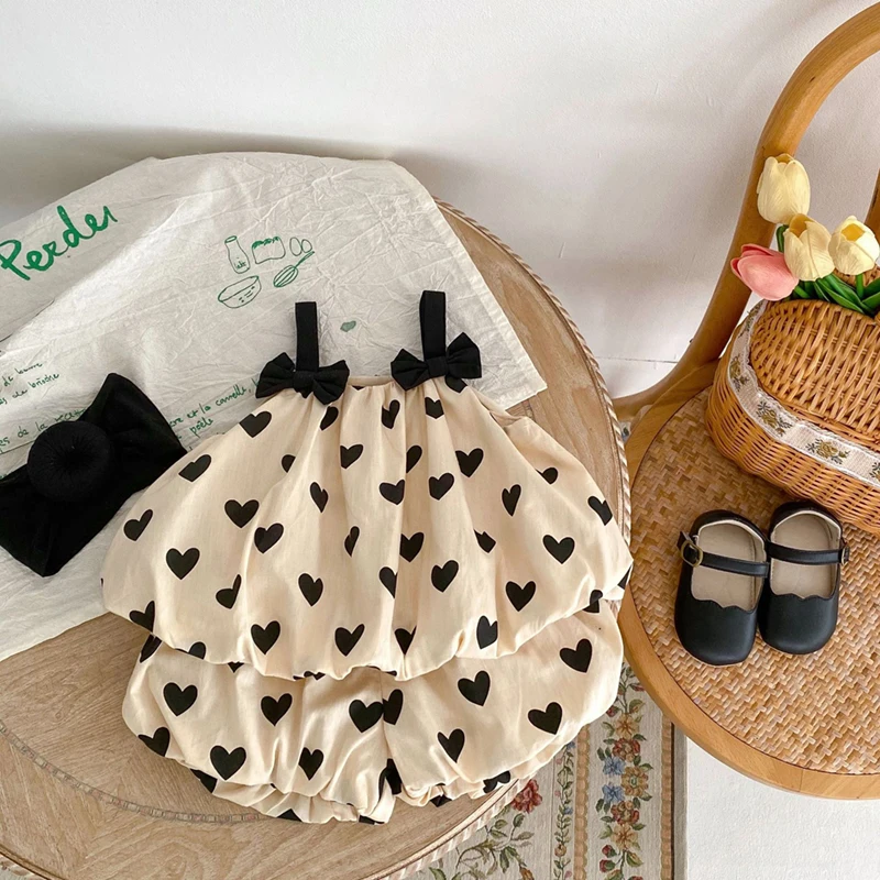 Color: Khaki, Kid Size: 9M - Summer 2PCS Heart Print Cotton Baby Girls Suits Sleeveless Bow Double Layer Apricot Strap Top Toddler Shorts Set, Versatile