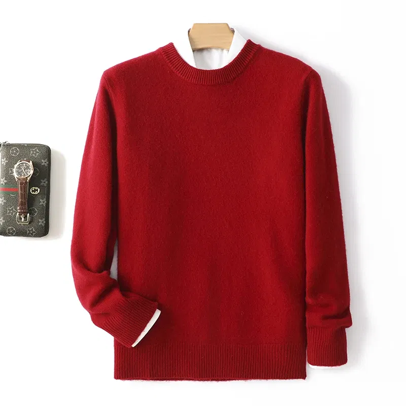 Color: Burgundy, Size: XL, Ships From: CHINA - Men's 100% Pure Wool Cashmere Sweater O-Neck Pullover Knit Sweater Autumn and Winter New Long Sleeve High-End Jumpers Thick Tops