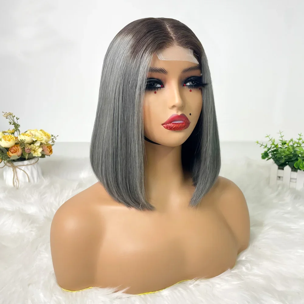Hair Color: #16, Stretched Length: 10inches, Density: 100% - 250% Density Super Double Drawn Bob Wig Human Hair Gray Brazilian Straight 2x6 Glueless Lace Closure Wigs For Women Pre Plucked