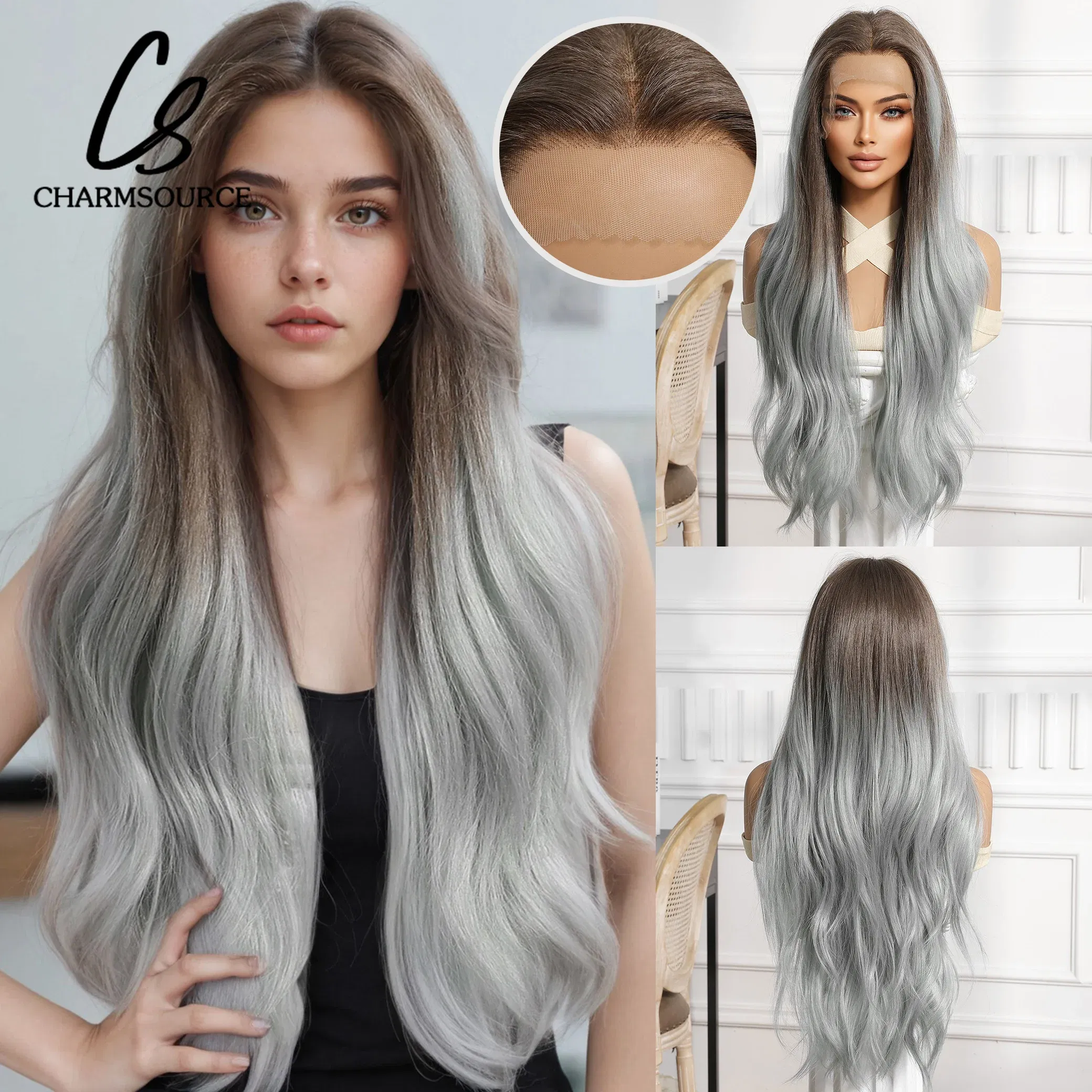Color: #10, Bulk Buy: 1pc, Density: 150%, Ships From: CHINA - CharmSource 13x6 Lace Wig Long Wavy Brown Gray Wigs with Dark Root for Women Daily Party Cosplay Wedding High Density