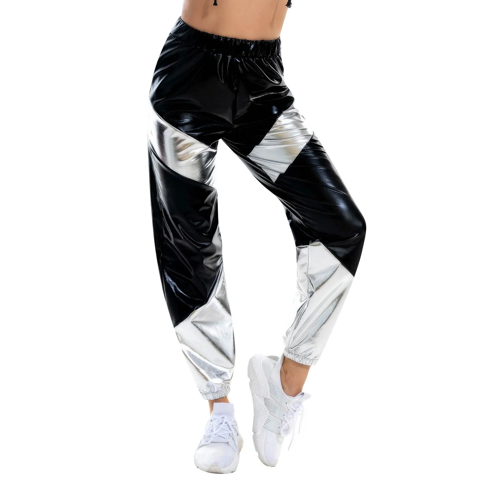 Color: GRAY, Size: L - Women'S Shiny Trousers Elastic Sports Leisure Casual Long Sweatpants Jogging Bottoms Stretch Leggings Party Disco Clubwear
