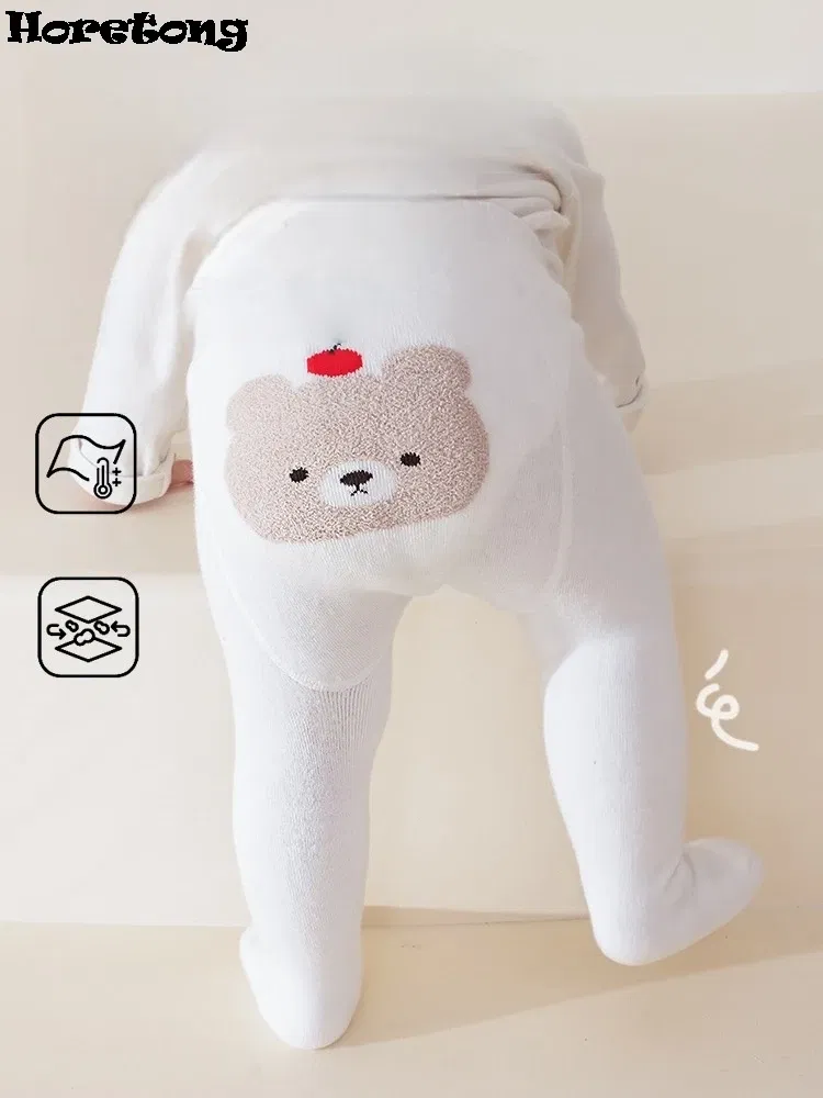 Color: Beige, Kid Size: 6M - Autumn Winter Thickened Baby Pantyhose A-class Girl Stocking Infant Toddler Knit Tights Cute Print High Waist Overall Legging