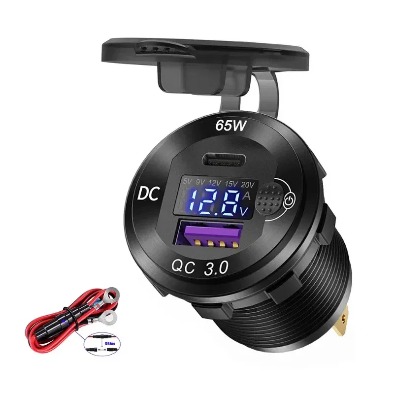 Color Name: WHITE - 83W USB C Car Charger Socket 12/24V Outlet Laptop Fast Charging 65W PD3.0 & QC3.0 with Digital Display for Car RV ATV Motorcycle