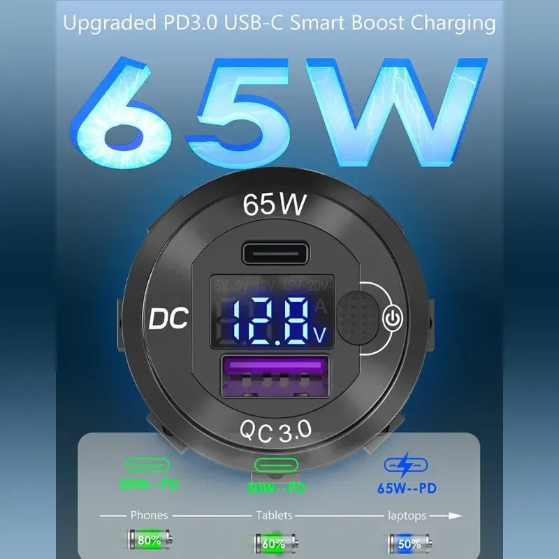Color Name: WHITE - 83W USB C Car Charger Socket 12/24V Outlet Laptop Fast Charging 65W PD3.0 & QC3.0 with Digital Display for Car RV ATV Motorcycle
