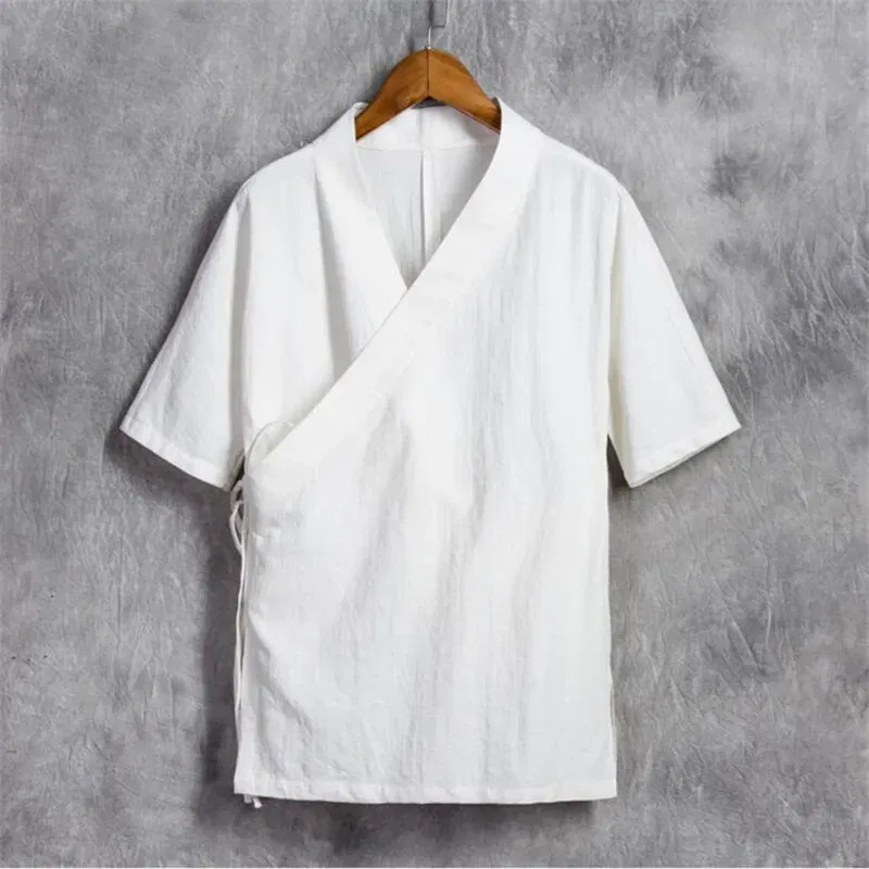 Color: WHITE, Size: XXL - Men Cotton Linen Short sleeve Kung Fu Shirt Classic Chinese Style Tang Clothing Size M-6XL