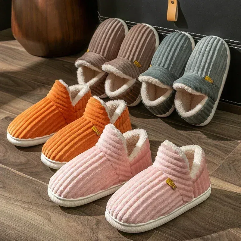 Color: Blue, Shoe Size: 40-41 - Winter Couple Style Concise Solid Color Wrap Heels Plush Slippers Non-slip Warm Flip Flops Women Men Home Casual Cotton Shoes