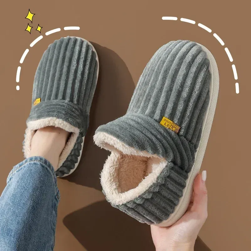 Color: Blue, Shoe Size: 40-41 - Winter Couple Style Concise Solid Color Wrap Heels Plush Slippers Non-slip Warm Flip Flops Women Men Home Casual Cotton Shoes