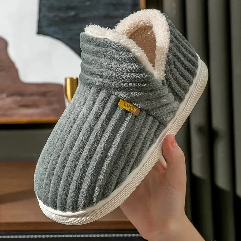 Color: Blue, Shoe Size: 40-41 - Winter Couple Style Concise Solid Color Wrap Heels Plush Slippers Non-slip Warm Flip Flops Women Men Home Casual Cotton Shoes