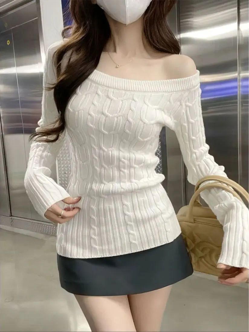 Color: WHITE, Size: L - Casual Off shoulder Rib Knit Sweater Pull Women Long sleeve Top Basic Tees White Slim Pullovers Lady Sexy One Shoulder New