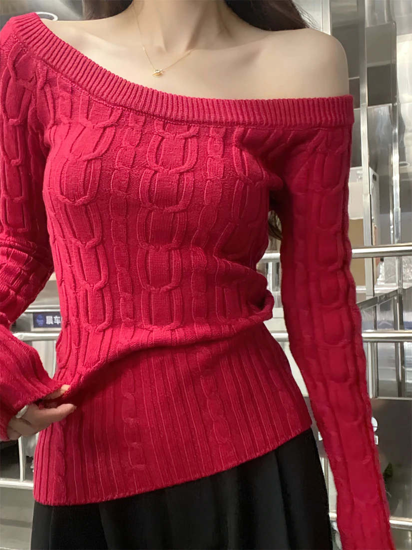 Color: WHITE, Size: L - Casual Off shoulder Rib Knit Sweater Pull Women Long sleeve Top Basic Tees White Slim Pullovers Lady Sexy One Shoulder New