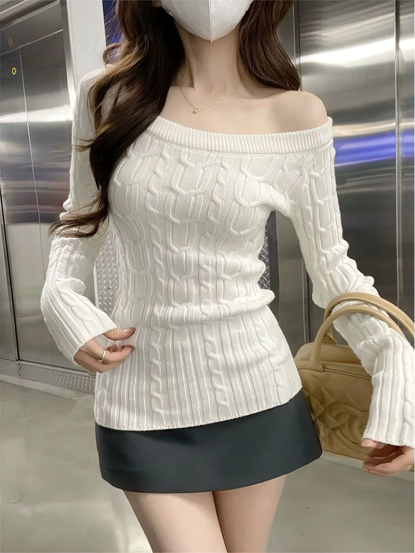 Color: WHITE, Size: L - Casual Off shoulder Rib Knit Sweater Pull Women Long sleeve Top Basic Tees White Slim Pullovers Lady Sexy One Shoulder New