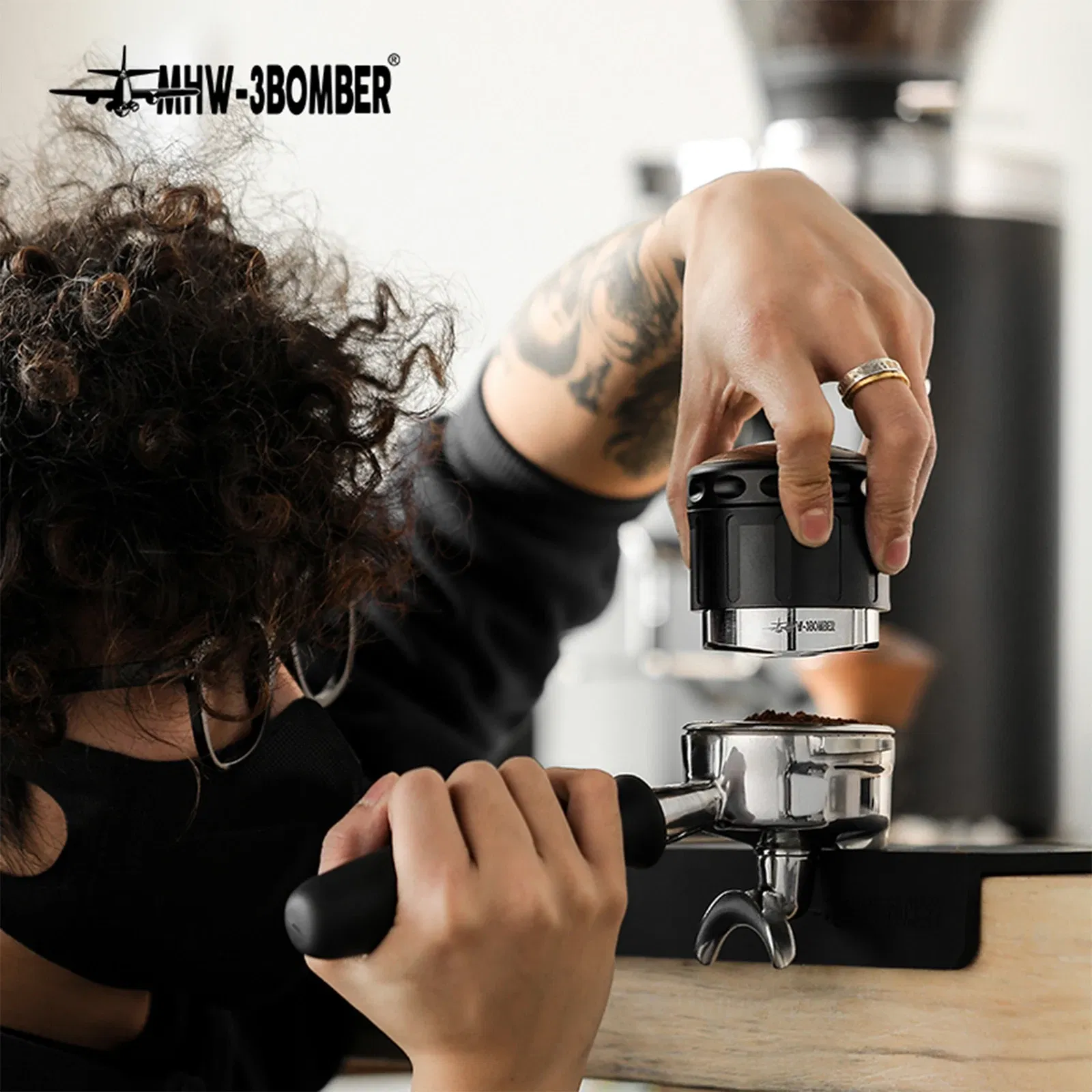 Color: Light Grey, Base Diameter: 58.35mm - MHW-3BOMBER Adaptive Height 58.35mm Coffee Distributor & Adjustable Depth Espresso Tamper Home Barista Leveler Tool Accessories