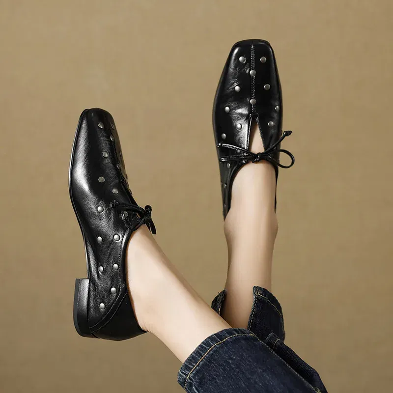 Phoentin Women's Genuine leather Lace-Up Loafers square Toe Low Heels Office Lady Shoes Elegant plus Size 42 Spring 2025 FT3901