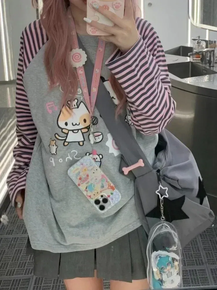 Color: Beige, Size: S - Grey Pink Striped Panda Print Long Sleeve Shirts Y2k Cartoon Japanese Harajuku Kawaii Loose Hoodie Women Spring New Tees