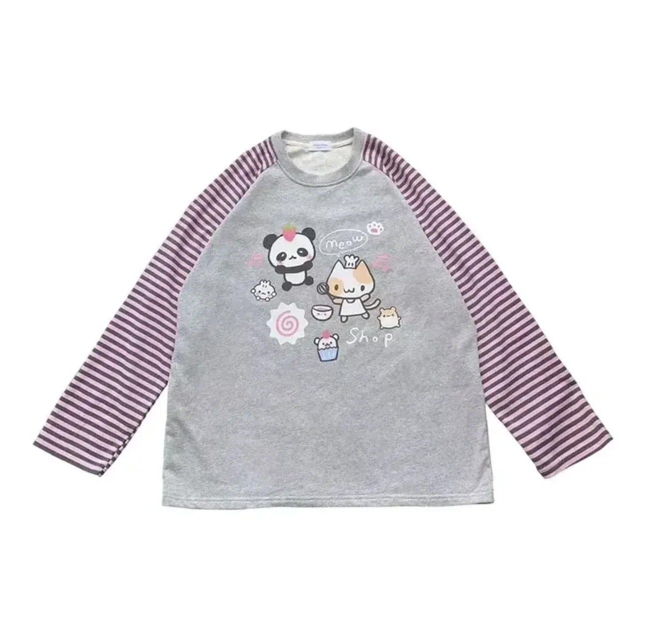 Color: Beige, Size: S - Grey Pink Striped Panda Print Long Sleeve Shirts Y2k Cartoon Japanese Harajuku Kawaii Loose Hoodie Women Spring New Tees