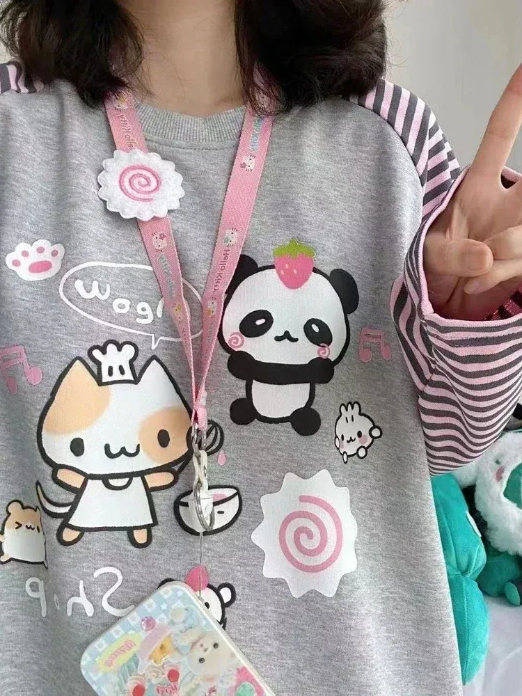 Color: Beige, Size: S - Grey Pink Striped Panda Print Long Sleeve Shirts Y2k Cartoon Japanese Harajuku Kawaii Loose Hoodie Women Spring New Tees