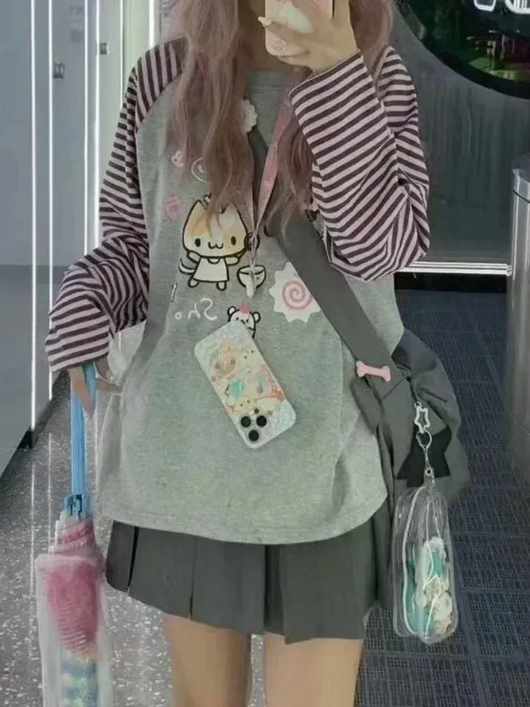 Color: Beige, Size: S - Grey Pink Striped Panda Print Long Sleeve Shirts Y2k Cartoon Japanese Harajuku Kawaii Loose Hoodie Women Spring New Tees