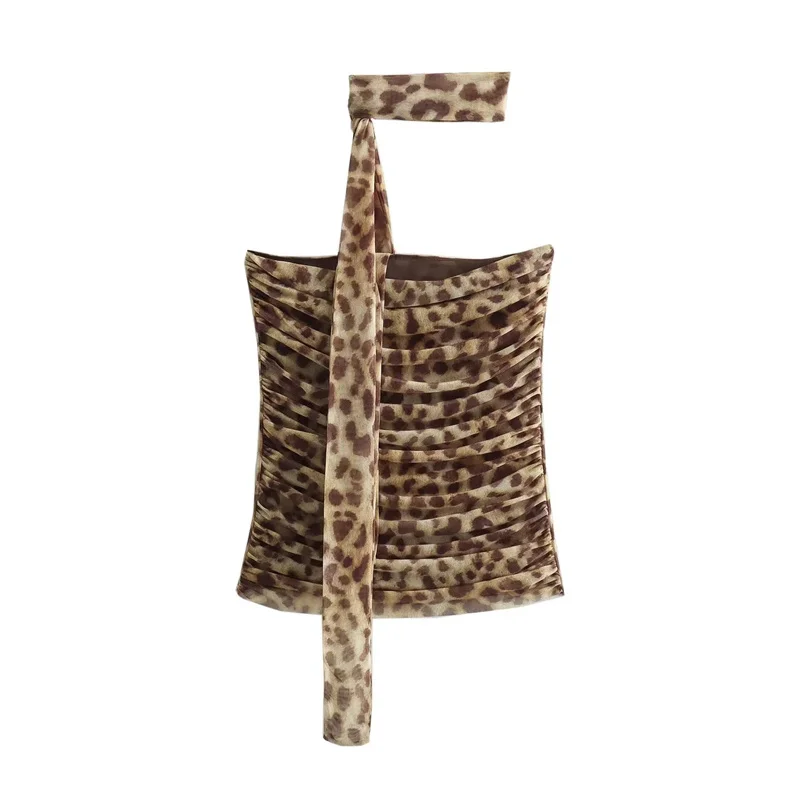 Color: Brown, Size: S - TRAF 2024 Woman Off Shoulder Tulle Crop Top Women Ruched Leopard Print Sexy Tube Tops Summer Sleeveless Backless Bandeau Top