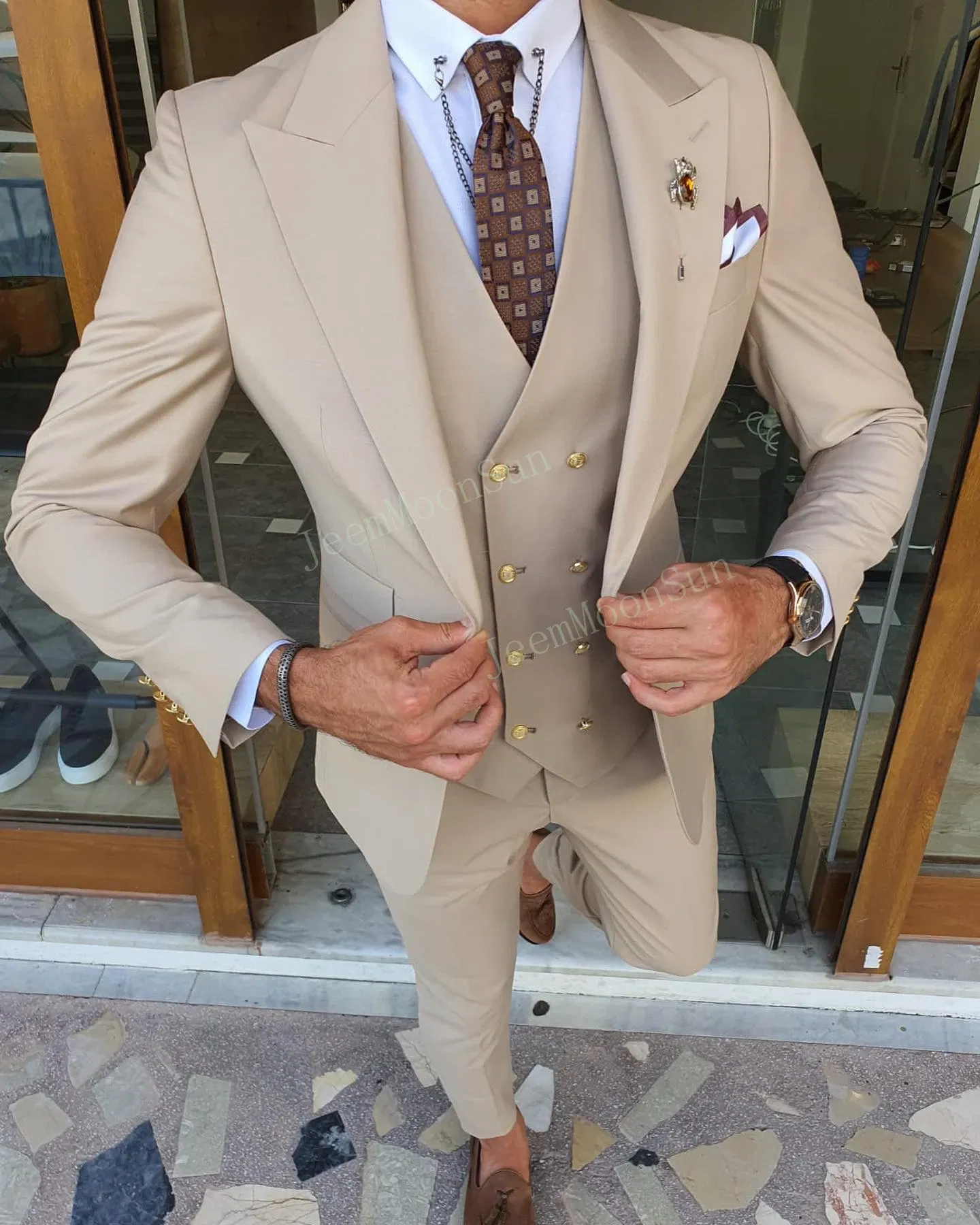 Color: army green, Size: XS, Ships From: CHINA - 3 Pieces New White Men's Suit 2022  Peak Lapel Slim Fit Casual Tuxedos Groom Tailor Made Terno Masculino (Blazer+Pants+Vest)