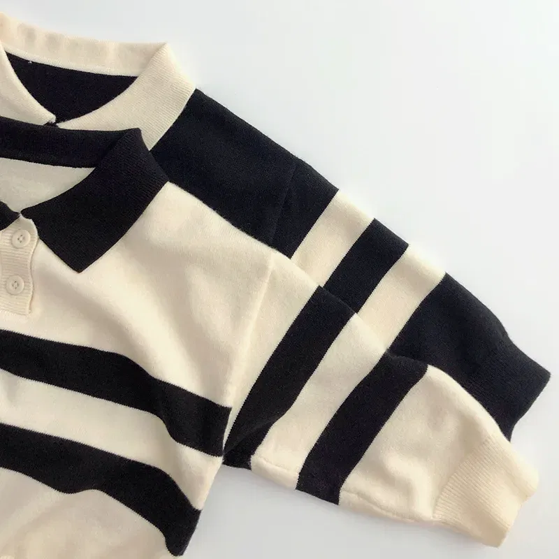 Color: Beige, Kid Size: 2T - 2025 Autumn New Children Long Sleeve Striped Sweater Cotton Boys Knitted Shirts Cute Baby Casual Knit Sweater Kids Clothes