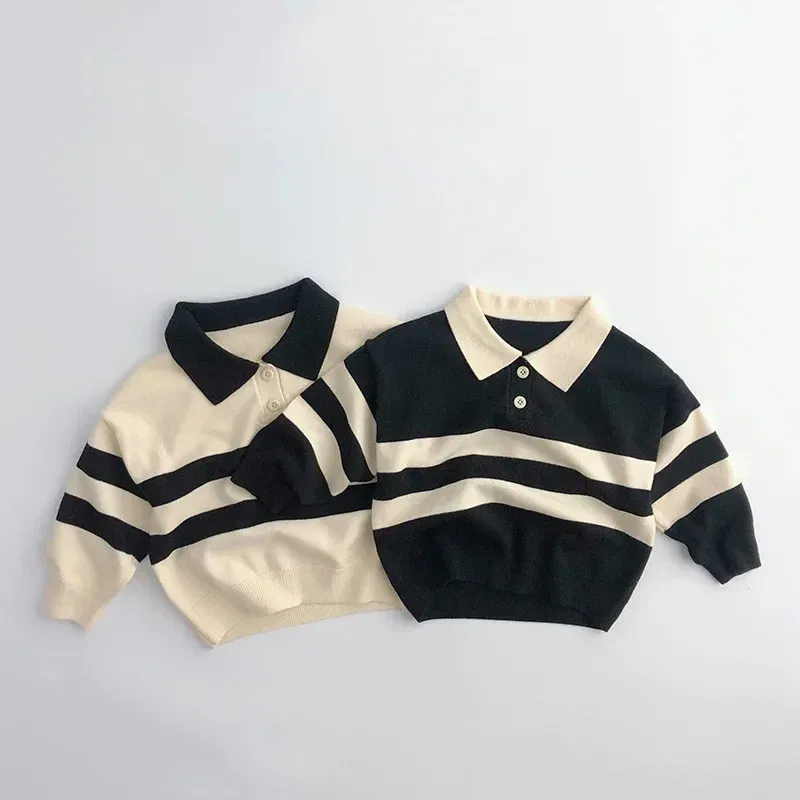 Color: Beige, Kid Size: 2T - 2025 Autumn New Children Long Sleeve Striped Sweater Cotton Boys Knitted Shirts Cute Baby Casual Knit Sweater Kids Clothes