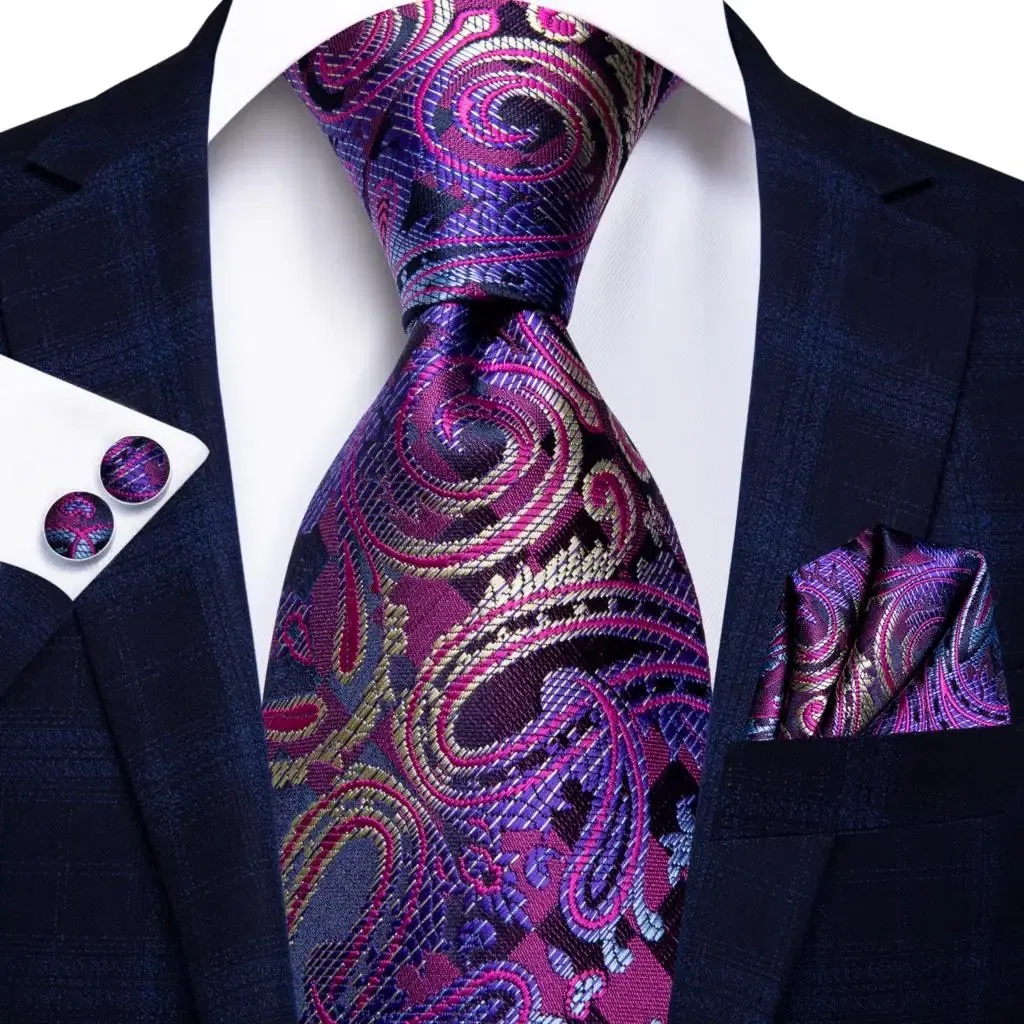 Color: Watermelon red - Hi-Tie Purple Paisley Silk Elegent Tie for Men Novelty Design Handky cufflink Tie Set Party Business Wedding Dropshipping