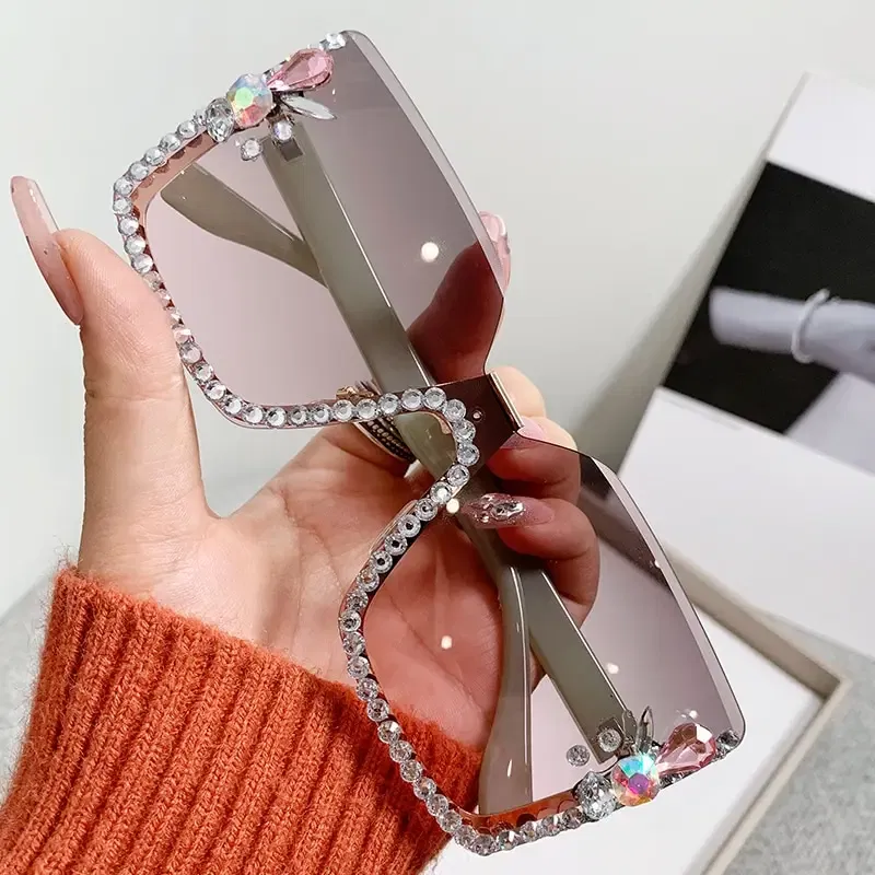 Frame Color: Green, Lenses Color: GRAY - Women Festival Bling Rhinestone Square Sunglasses Female Trendy Gradient Crystal Rave Glasses For Party