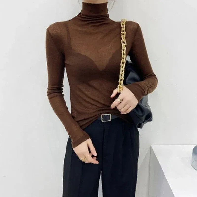 Color: Maroon, Size: M - New Fashion Basic Turtleneck Long Sleeve Women T-shirt Autumn Winter Long Sleeve Slim Stretch Tops Ladies Sexy Tees Plus Size