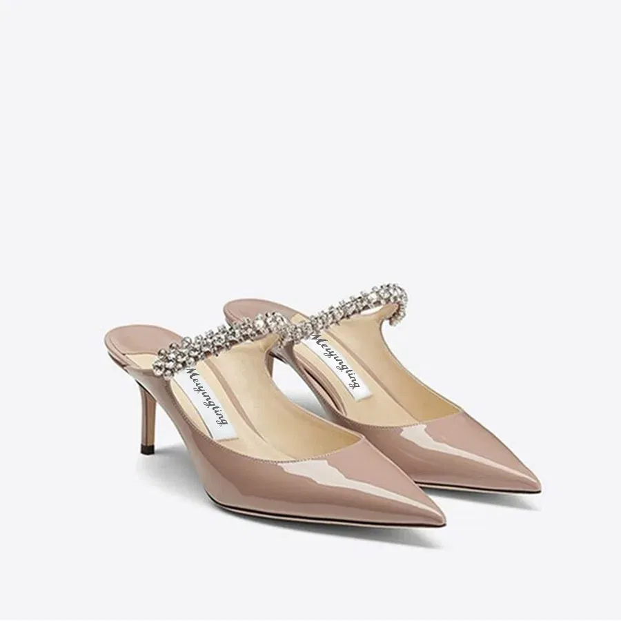 Color: Khaki, Shoe Size: 35, Ships From: CHINA - Elegant Leather Mules Pointed Toe Stylish Rhinestone Embellished High Heel Sandals Sophisticated Party Evening Shoes Footwear