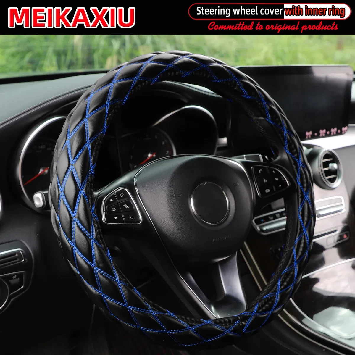 Color Name: Blue - New PU sheepskin embroidered double-thread car has an inner ring steering wheel cover suitable for 36cm, 37cm and 38cm