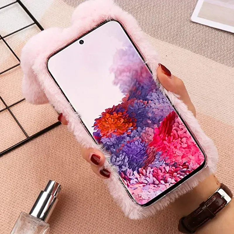 Color: pink, Material: PVC - Warm Plush Rabbit Fluffy fur Cover for Samsung A15 A25 A35 A55 A14 A24 A34 A54 A13 A23 A33 A53 A12 A22 A32 A52 A51 Phone Case