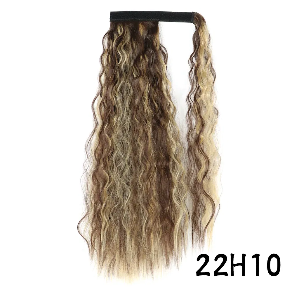 Color: P4/24, Stretched Length: 22inches - Synthetic Long Corn Wavy Ponytail Hairpiece Wrap on Hair Clip Ombre Brown Blonde Hair Extensions Pony Tail