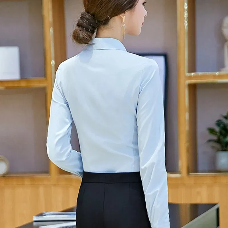 Color: WHITE, Size: 4XL - Elegant Women Shirts Woman White Shirt Long Sleeve Blouse Office Lady business Pink Shirts Button Solid Women work Blouses Tops