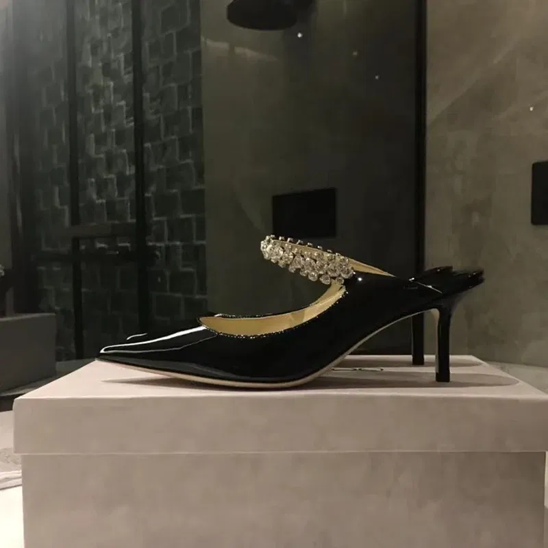 Color: wine red, Shoe Size: 36, Ships From: CHINA - Elegant Leather Mules Pointed Toe Stylish Rhinestone Embellished High Heel Sandals Sophisticated Party Evening Shoes Footwear