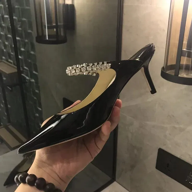 Color: wine red, Shoe Size: 36, Ships From: CHINA - Elegant Leather Mules Pointed Toe Stylish Rhinestone Embellished High Heel Sandals Sophisticated Party Evening Shoes Footwear