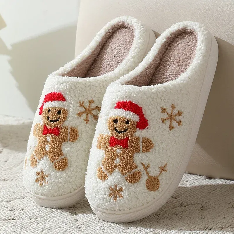 Shoe Size: 36-37, Color: Red - Cute Gingerbread Winter Warm Christmas Women Slippers  Slides Couple Houseshoes Men Bedroom Flat Soft Sole Home Shoes for Gift