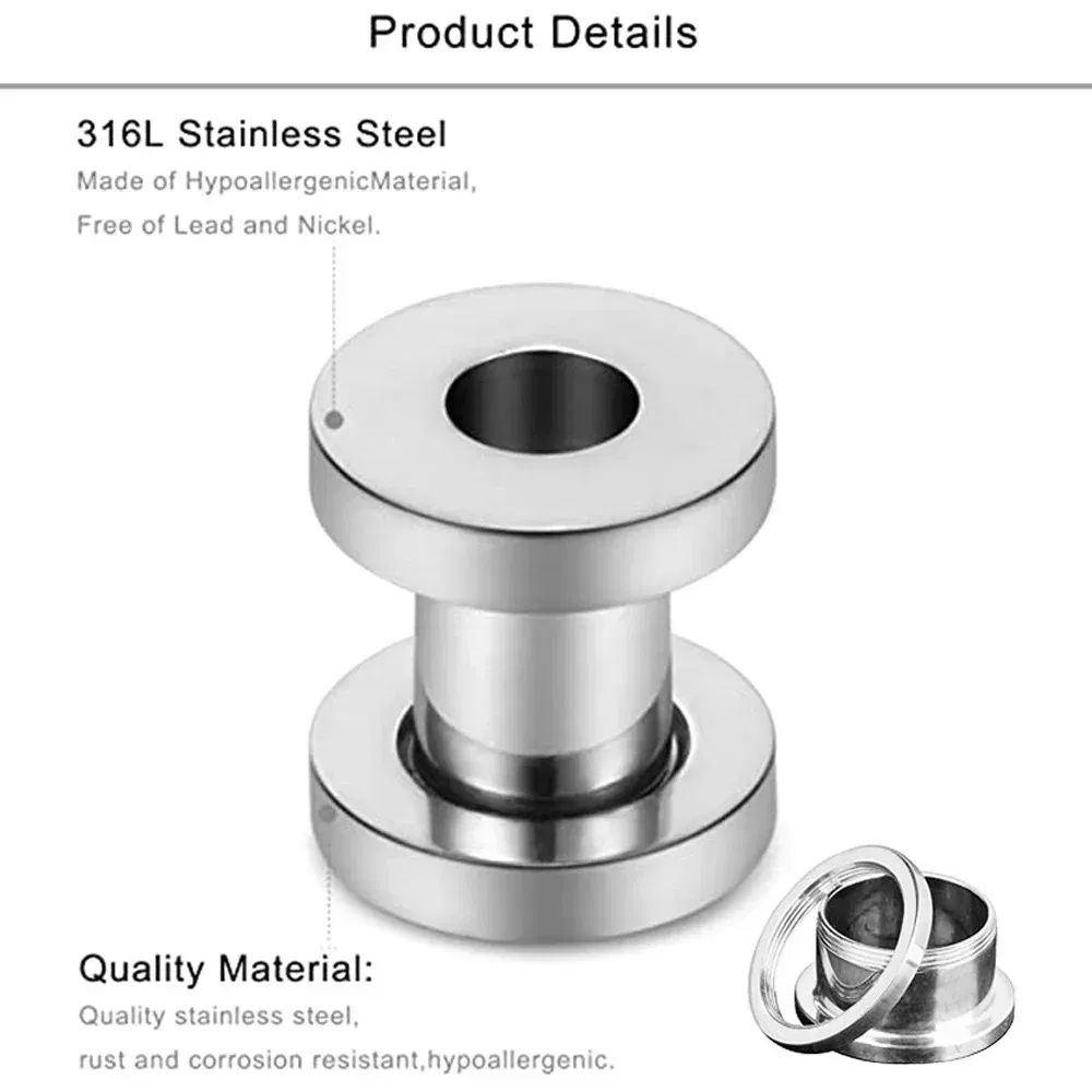 Metal color: Rhodium Plated, Main Stone Color: Pink - 2PCS Multi Color Steel Screw Fit Tunnel Ear Plug Stretcher Gauge 3-25mm Ear Lobe Tunnel Expander