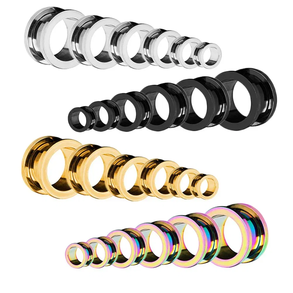 Metal color: Rhodium Plated, Main Stone Color: Pink - 2PCS Multi Color Steel Screw Fit Tunnel Ear Plug Stretcher Gauge 3-25mm Ear Lobe Tunnel Expander