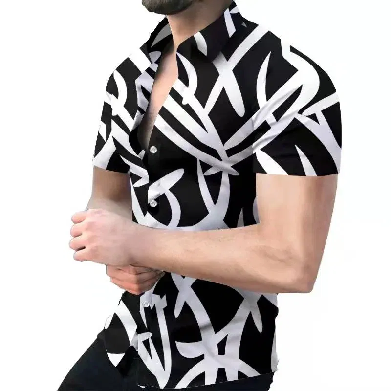 Color: Beige, Size: 4XL - 3D Men's Striped Printed Short Sleeve Shirt, Fashionable And Casual Loose Shirt, 2023 New Style.