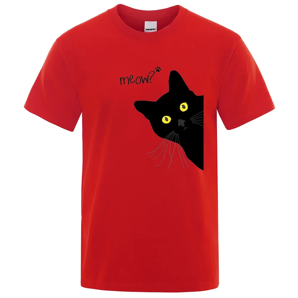 Color: green, Size: XL - Meow Black Cat Funny Printing Men T-Shirts Breathable Tee Clothes Summer Streetwear Tops Oversized Loose Cotton Short Sleeve