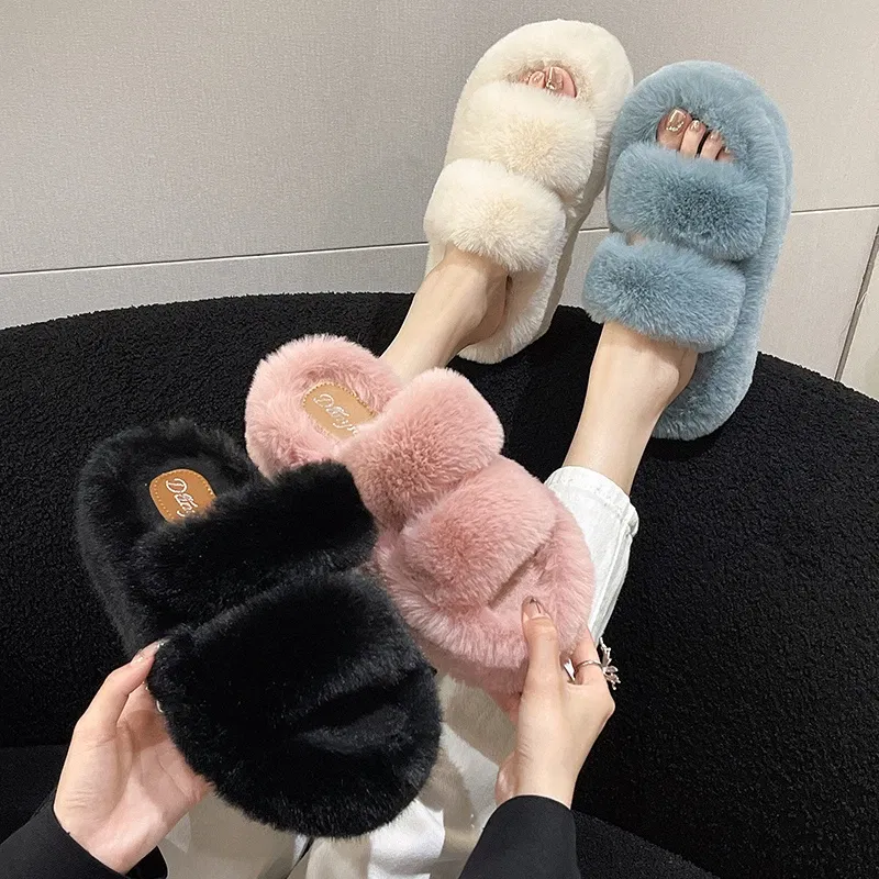 Color: Beige, Shoe Size: 35 - New Winter Open Toe Slipper Fur Thick Sole Flats Heel Ladies Casual Slip On Bedroom Shoes Soft Outdoor Fashion Fur Slippers