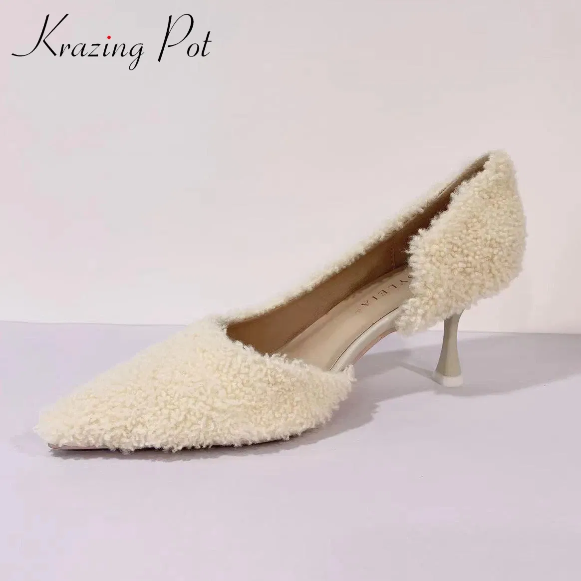 Shoe Size: 7.5, Color: Beige - Krazing Pot 2024 Superstar Brand Real Sheep Fur Pointed Toe High Heels Shallow Autumn Shoes Slip on Wedding Party Women Pumps