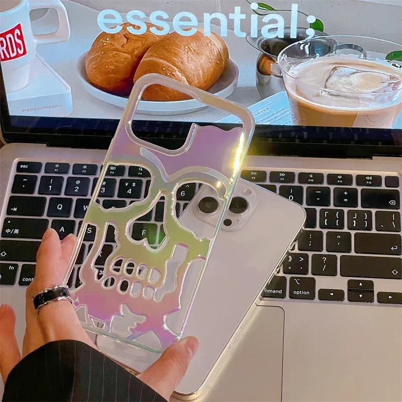 Color: Dark Grey, Material: Microfiber - 3D Skull Ghostface Phone Case for iPhone 14 15 ProMax 11 12 13 Pro Max Plus Fashion Hollow Heat Dissipation Plating Slim Cover