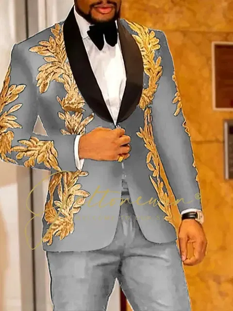 Color: GRAY, Size: M - Luxury Groom Wedding Tuxedos Gold Sequins Appliques Black Men Suits Slim Fit Costume Homme Marriage Prom Suits