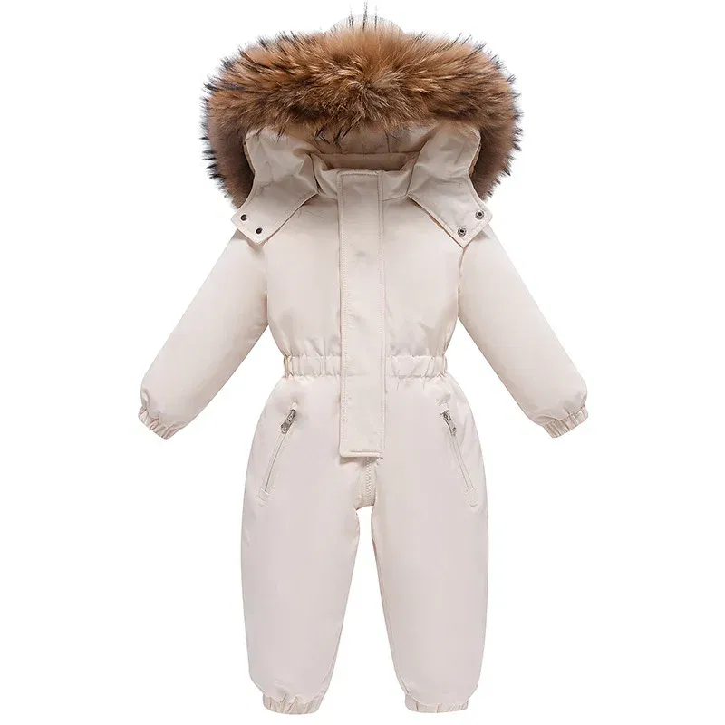 Color: Beige, Kid Size: 12M - 2024 New Cute Simple Children's One-piece Down Jacket 1-6 Years Old Outdoor Skiwear Jacket Crawling Suit Boys Girls Onesie