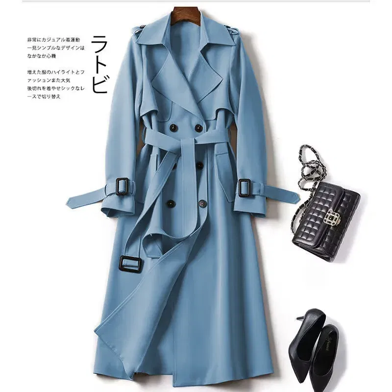 Color: Blue, Size: XXL - Autumn Winter Long Sleeve Trench Coat For Women 2024 Fashion Loose Office Lady Long Outerwears Jacket Coats Female Clothing
